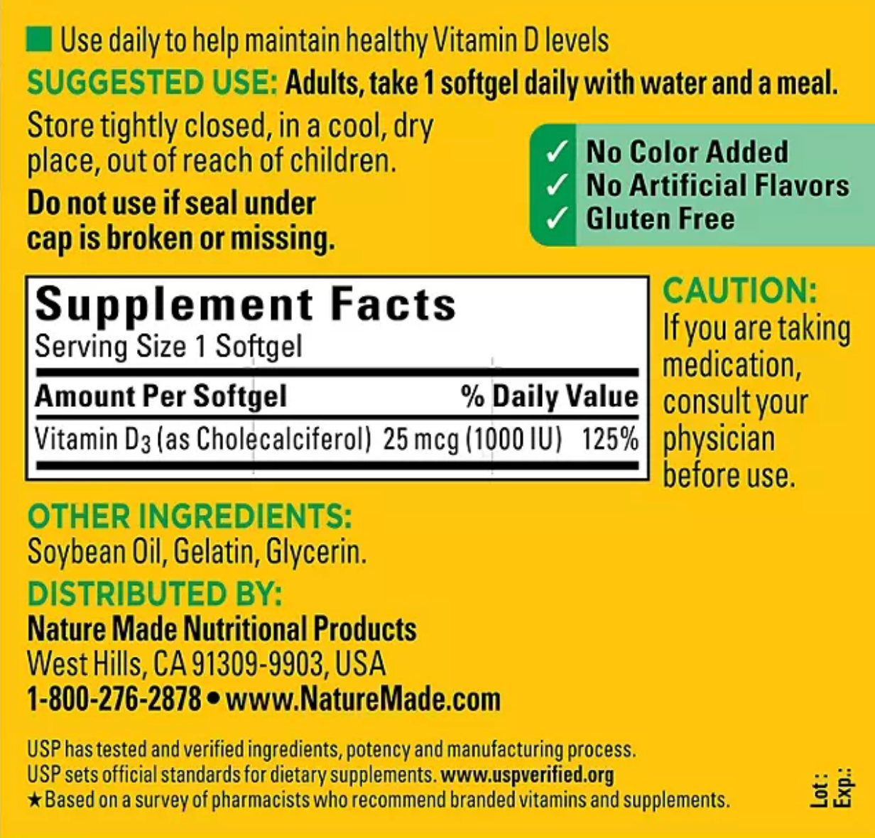 Nature Made Vitamin D3 25 mcg (1,000 IU) Softgels (650 ct.)