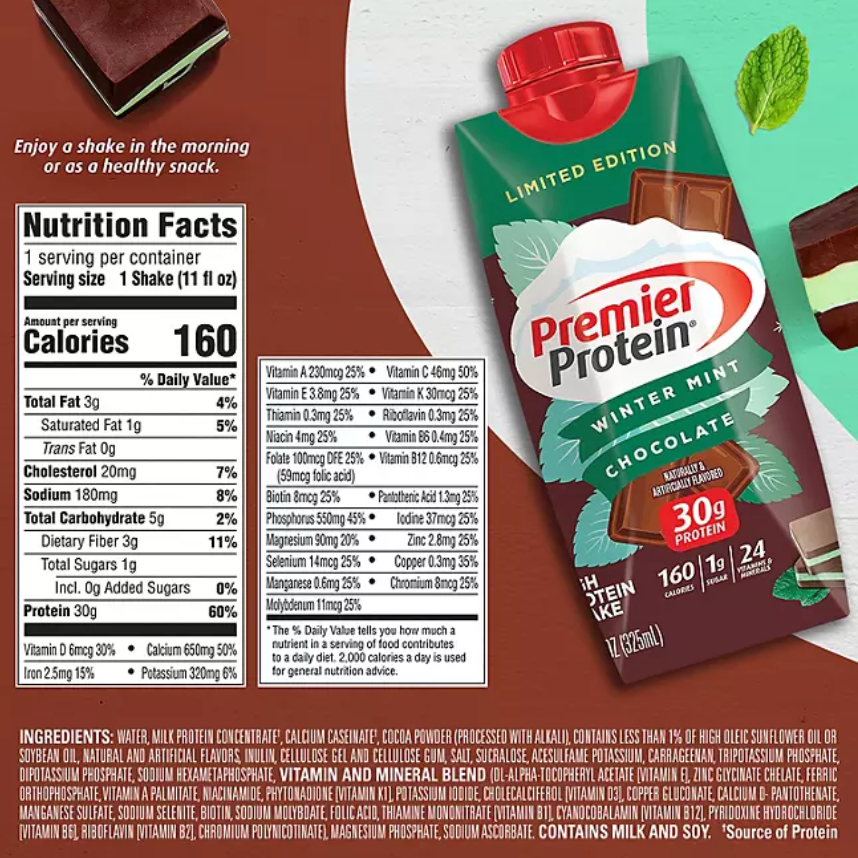 Premier Protein 30g High Protein Shake, Winter Mint Chocolate (11 fl. oz., 15 pk.)