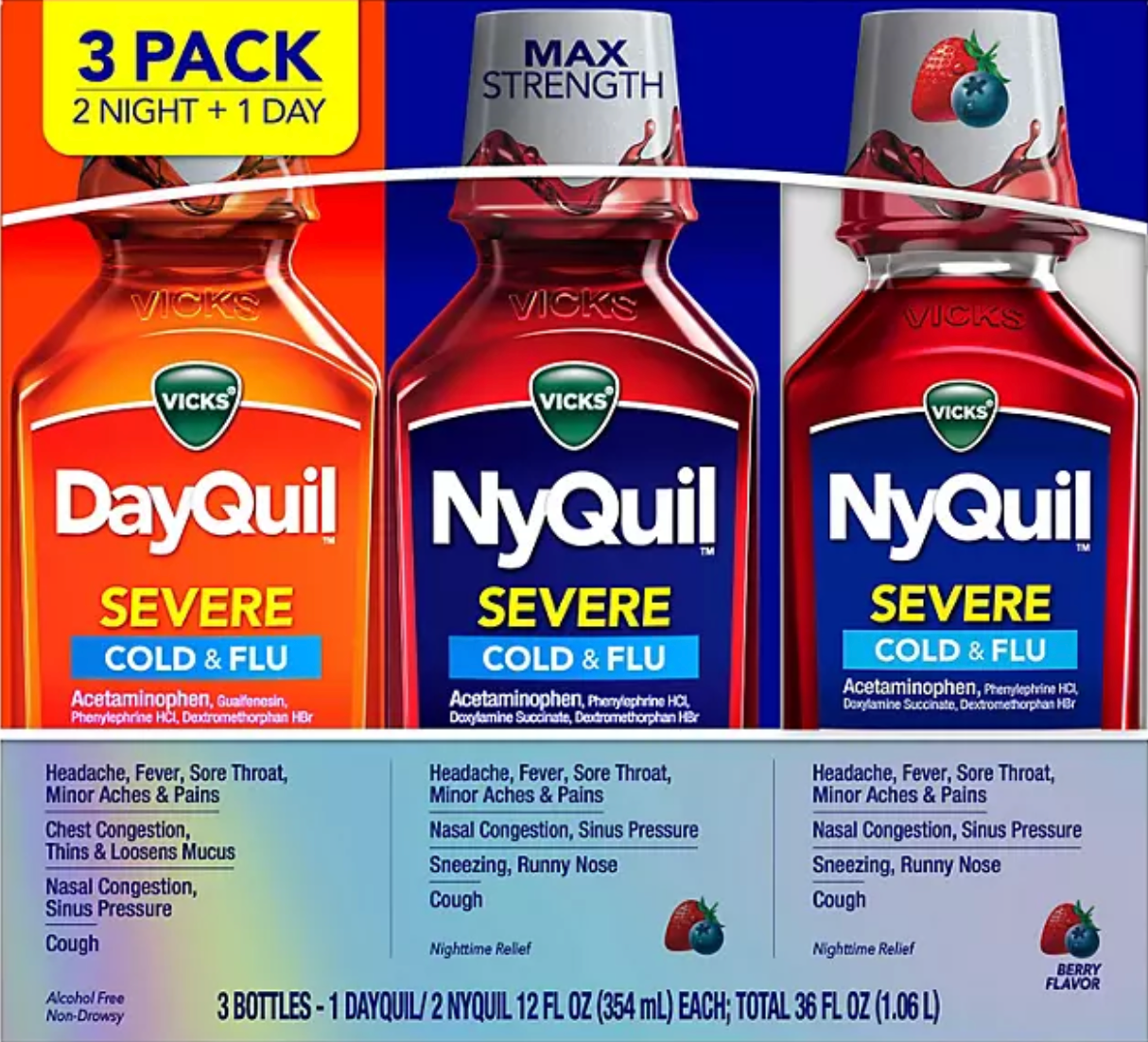 Vicks DayQuil and NyQuil SEVERE Cold & Flu Relief Liquid, Berry Flavor (3 pk., 12 fl.oz./Bottle)