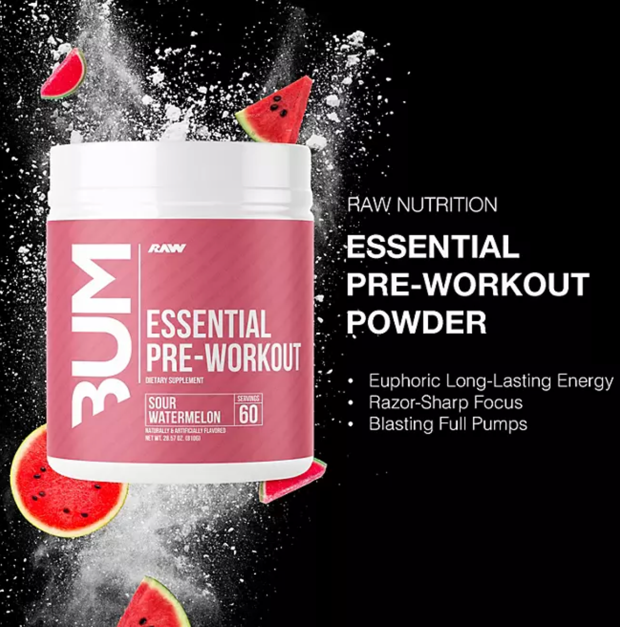 RAW Nutrition CBUM Essential Pre Workout Powder, Sour Watermelon 60 Servings.