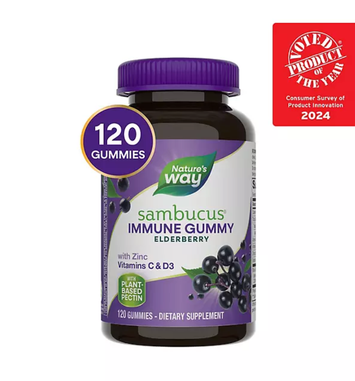 Nature’s Way Sambucus Immune Gummies, Elderberry, Vitamin C, Vitamin D3, Zinc, 120 ct.