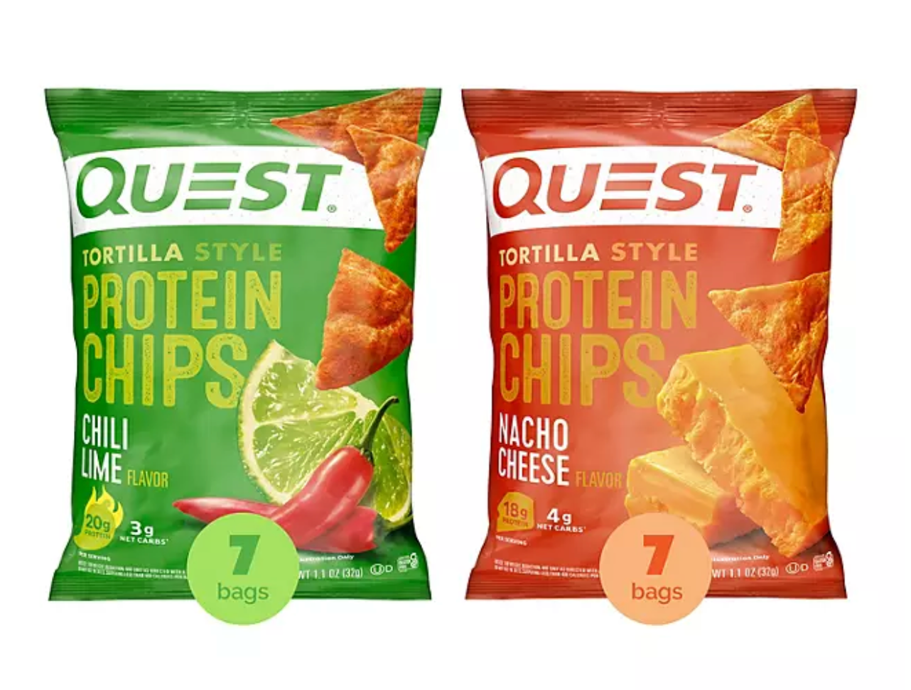 Quest Tortilla Style 18-20g Protein Chip Variety Pack, Chili Lime and Nacho Cheese 14 ct.