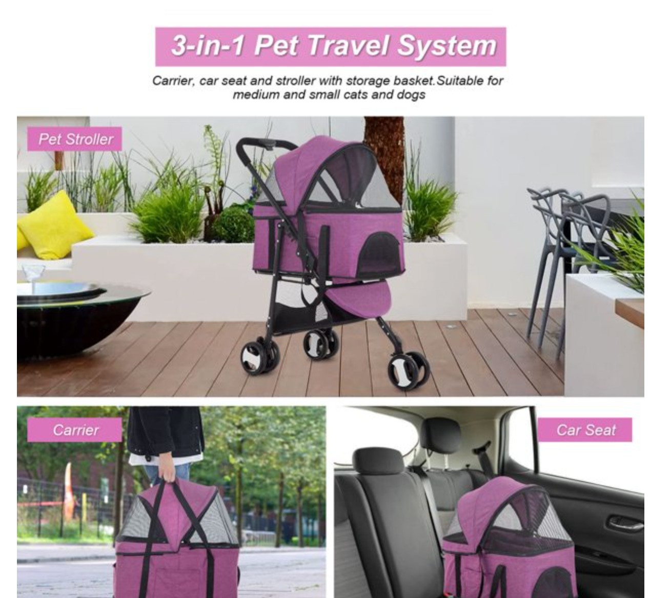 BestPet Pet Stroller Cat Dog Cage Stroller Travel Folding Carrier (Purple, Upgraded-3 Wheels)