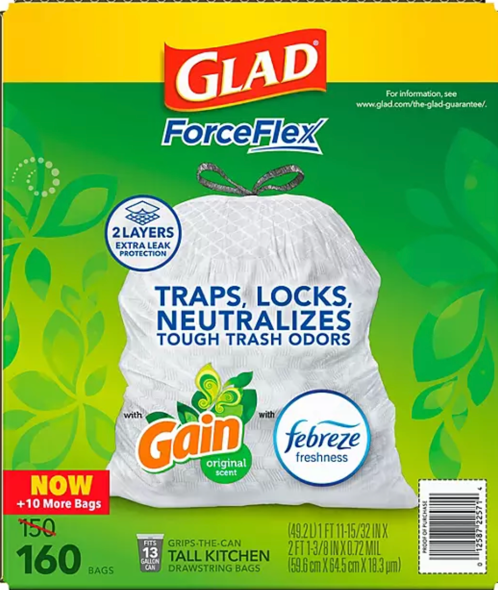 Glad ForceFlex 13-Gallon Kitchen Trash Bags, Gain Original Scent + Febreze, 160 ct.