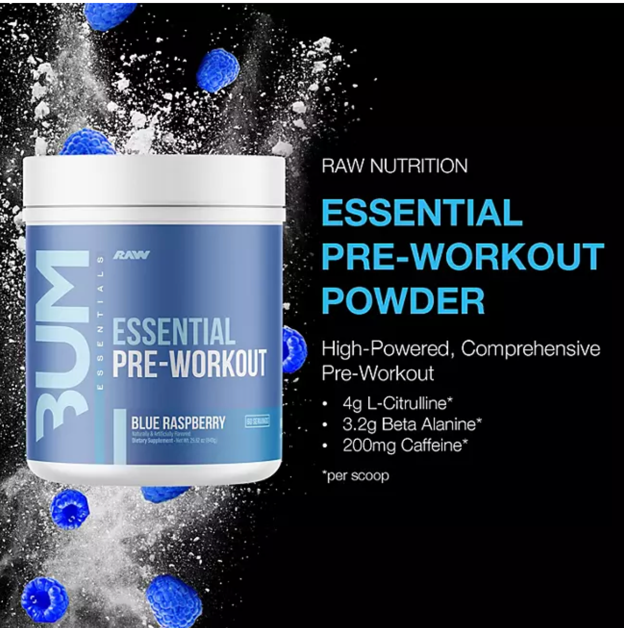 RAW Nutrition CBUM Essential Pre Workout Powder, Blue Raspberry, 1.78 lbs.