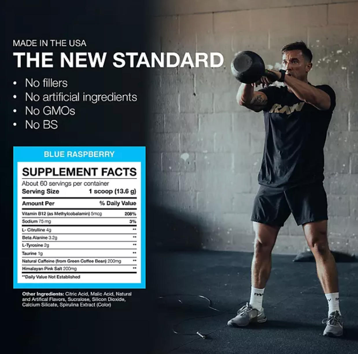 RAW Nutrition CBUM Essential Pre Workout Powder, Blue Raspberry, 1.78 lbs.