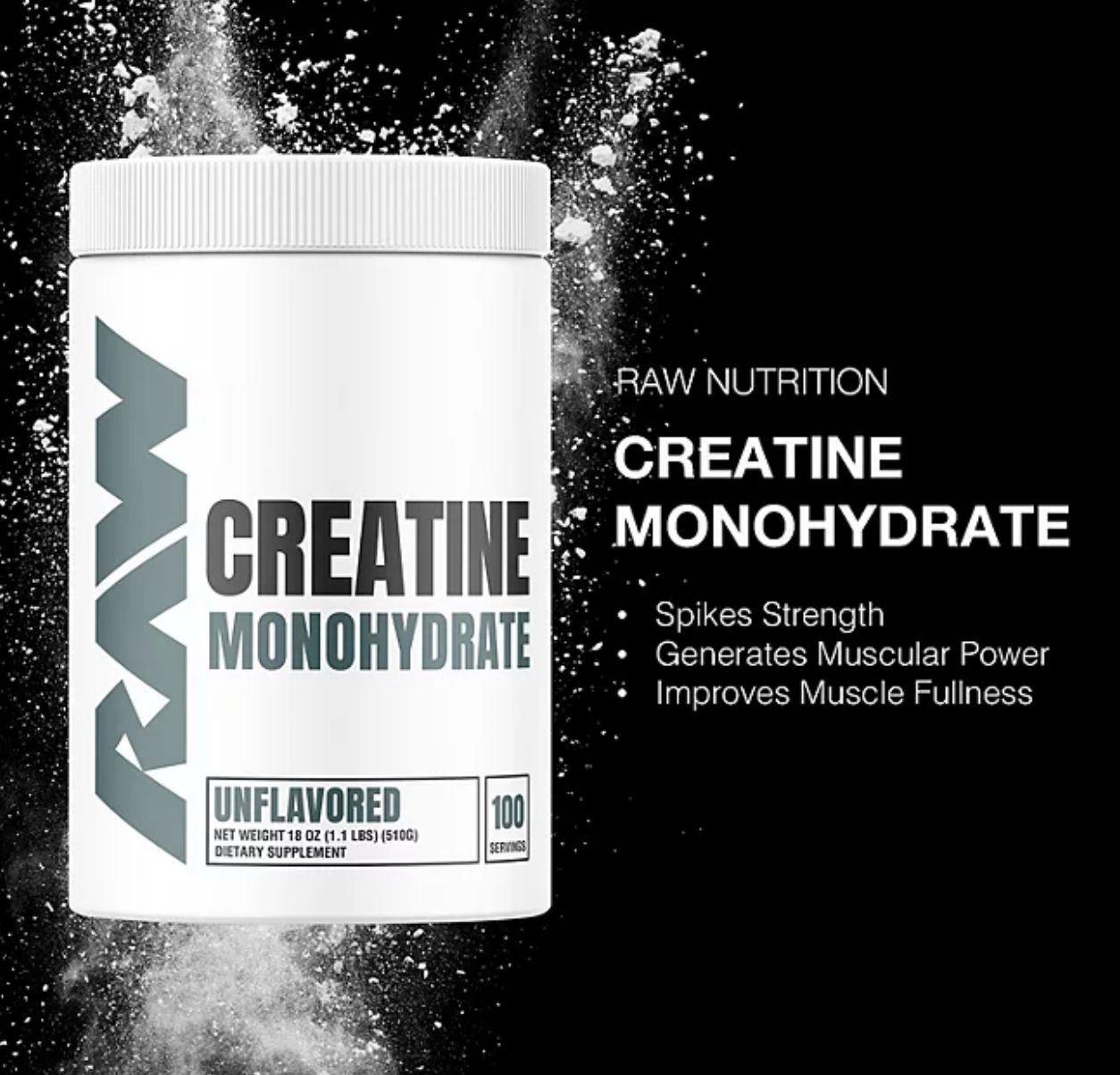 RAW Nutrition Creatine Monohydrate Powder, Unflavored, 510g 100 Servings