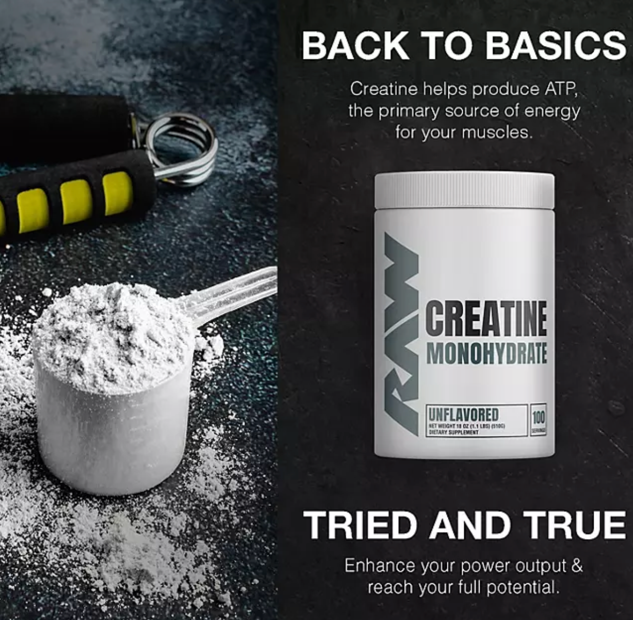 RAW Nutrition Creatine Monohydrate Powder, Unflavored, 510g 100 Servings