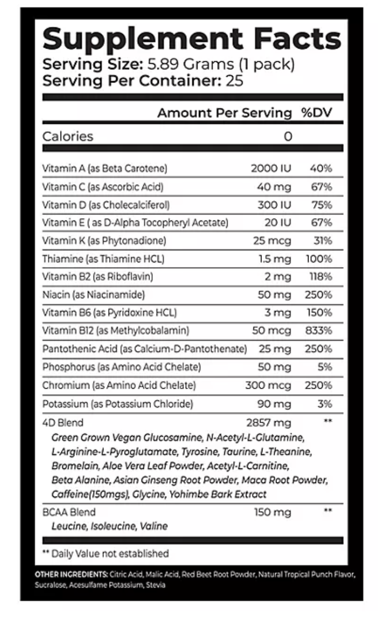 4D Clean Energy Premium Dietary Supplement, Tropical Fruit Punch, 25 ct.