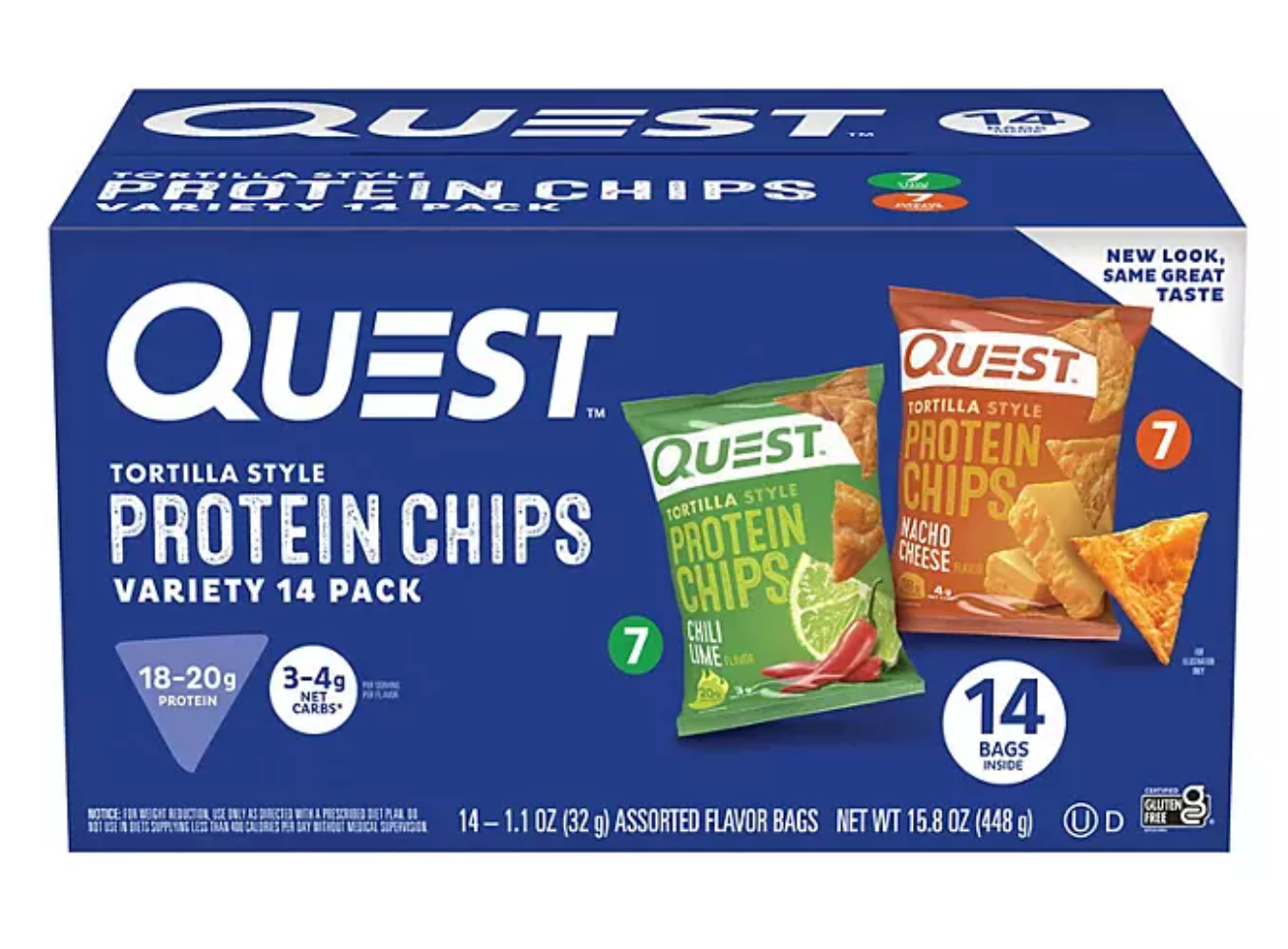 Quest Tortilla Style 18-20g Protein Chip Variety Pack, Chili Lime and Nacho Cheese 14 ct.