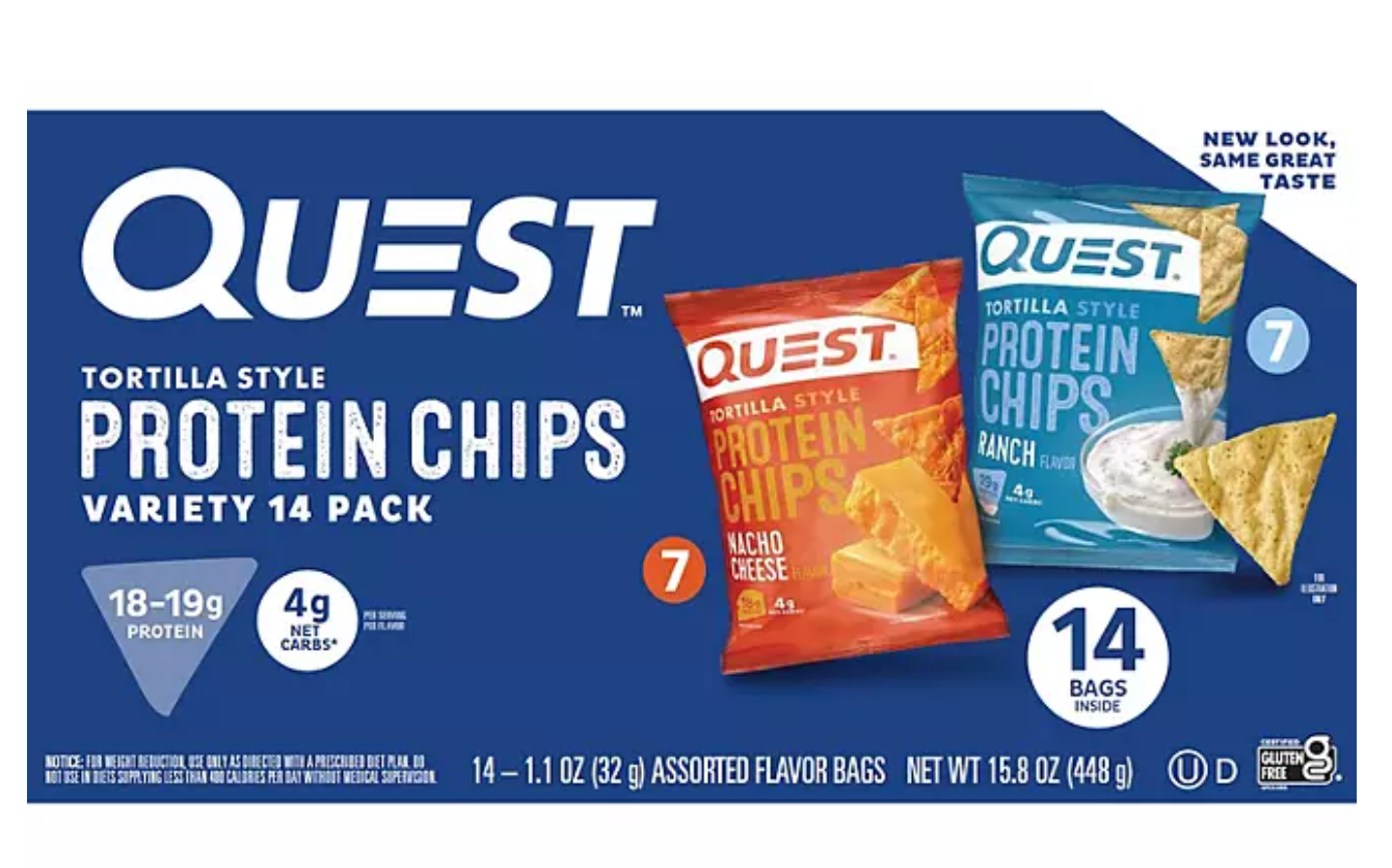 Quest Tortilla Style 18-19g Protein Chip Variety Pack, Nacho Cheese & Ranch, 14 ct.