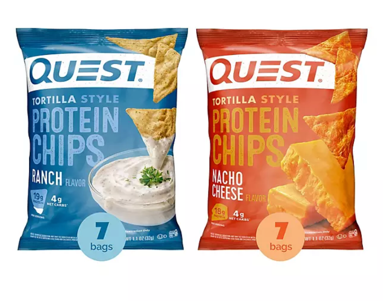 Quest Tortilla Style 18-19g Protein Chip Variety Pack, Nacho Cheese & Ranch, 14 ct.